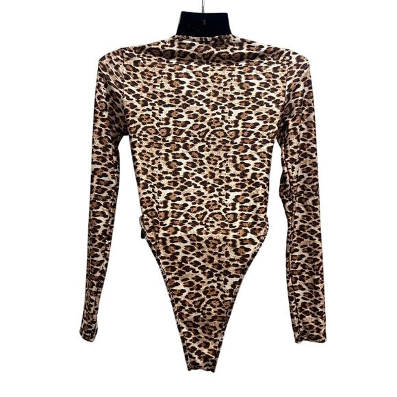Leopard Animal Print Ring Linked Cut Out Bodysuit S Brown Long Sleeve High Cut - Picture 4 of 7